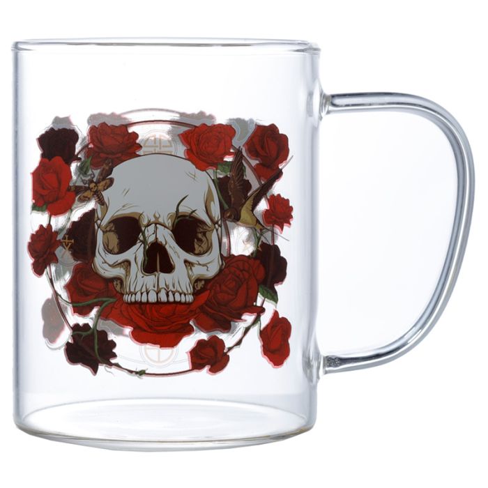 Caveiras e Rosas Caneca de vidro