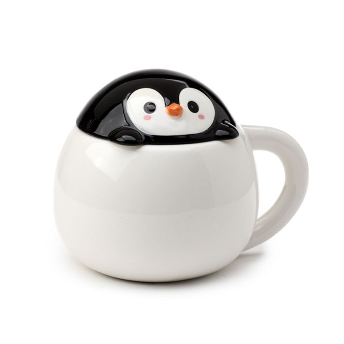 Caneca de cerâmica com tampas de animais  -Pinguim
