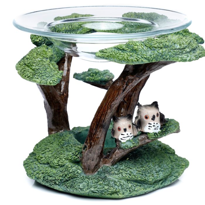 Queimador de Óleo e Cera com Prato de Vidro - Corujas e Árvore