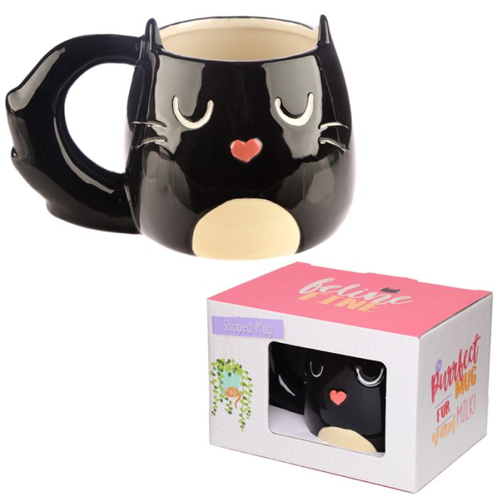 Caneca cerâmica com forma de gato preto