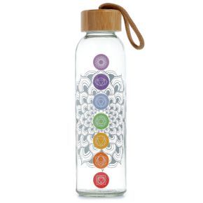 Garrafa de água de vidro reutilizável com tampa de bambu Chakra 500ml