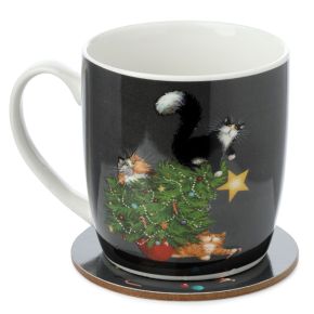 Set de Caneca e base Kim Haskins - Árvore de Natal desfeito por gatos